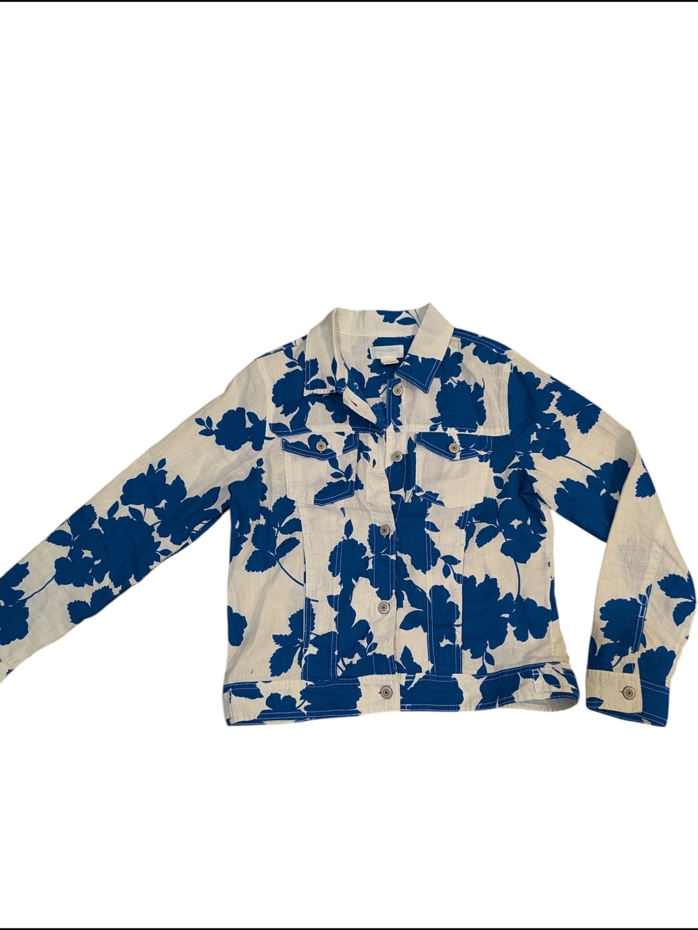 Cynthia Rowley 100% Linen Floral Trucker Jacket Blue White Womens Size M Coastal